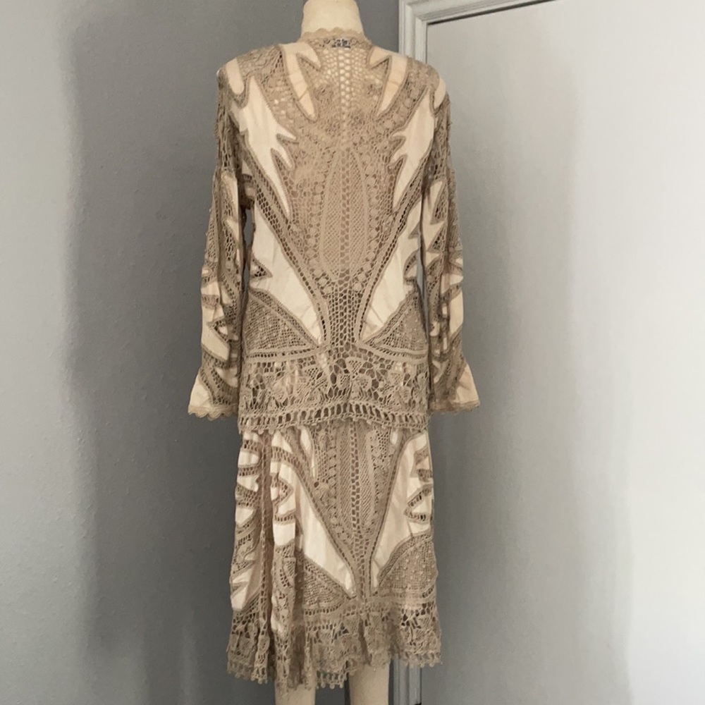 Boho Crochet Lace Duster Cardigan Kimono Neutral Beige Festival Layering Piece - Picture 5 of 11